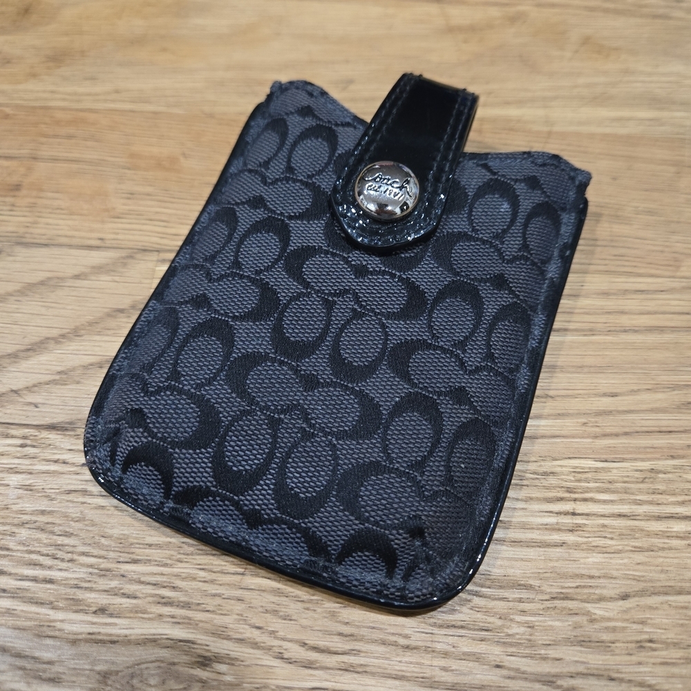 Coach Black Signature Jacquard & Patent Leather Card / Phone Case